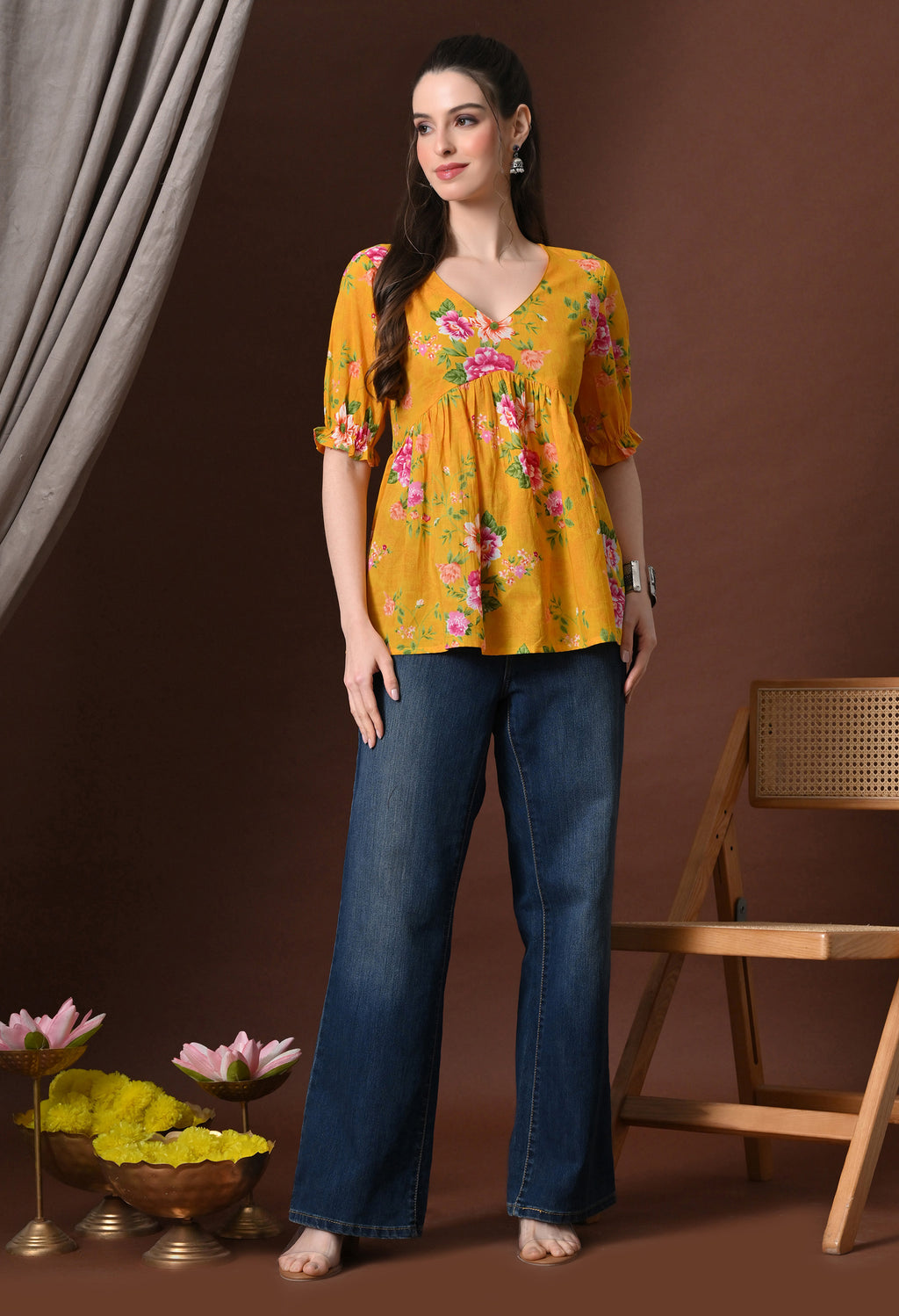 Mustard Floral Printed Tunic Top