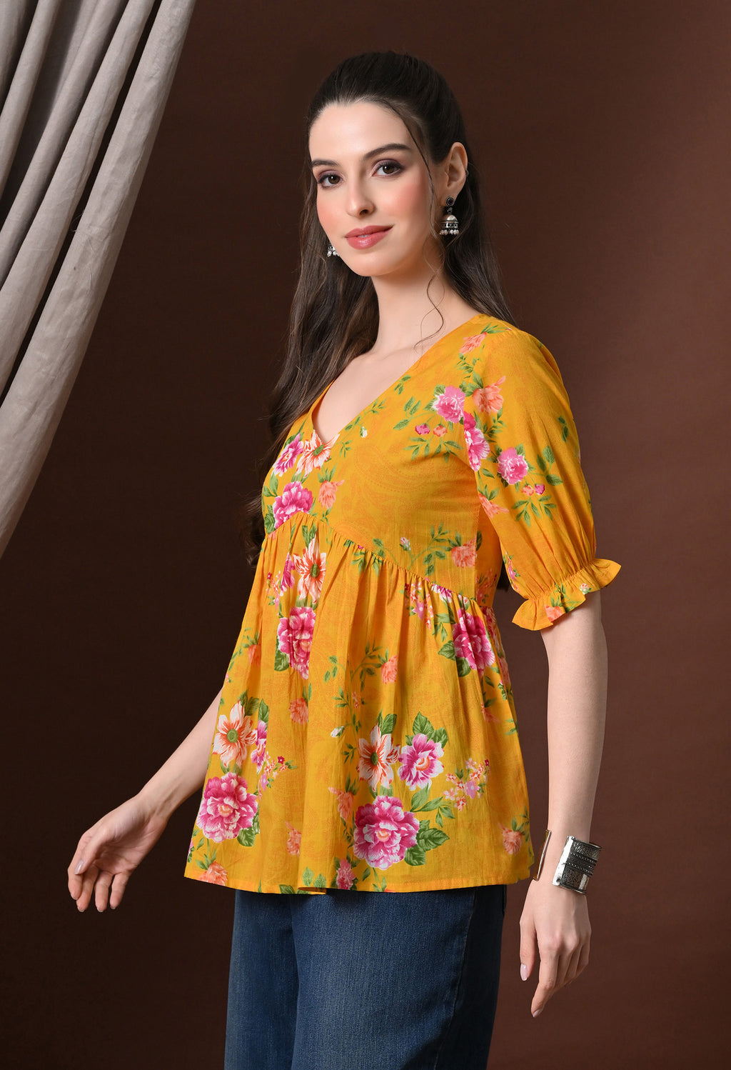 Mustard Floral Printed Tunic Top