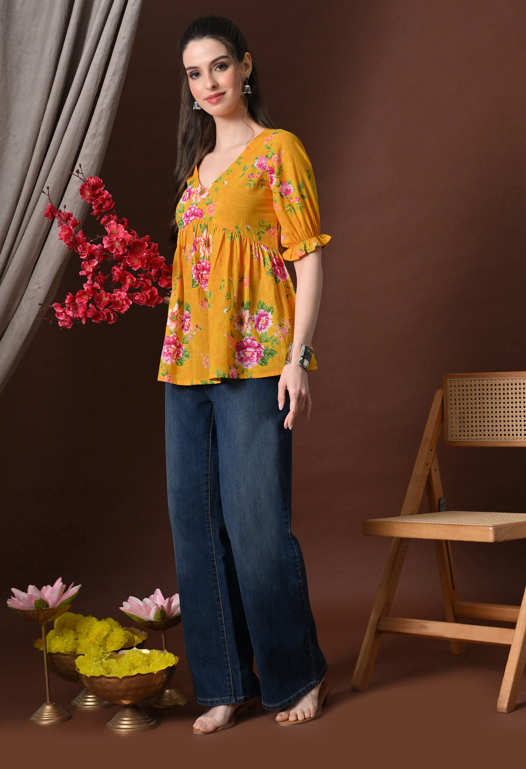 Mustard Floral Printed Tunic Top