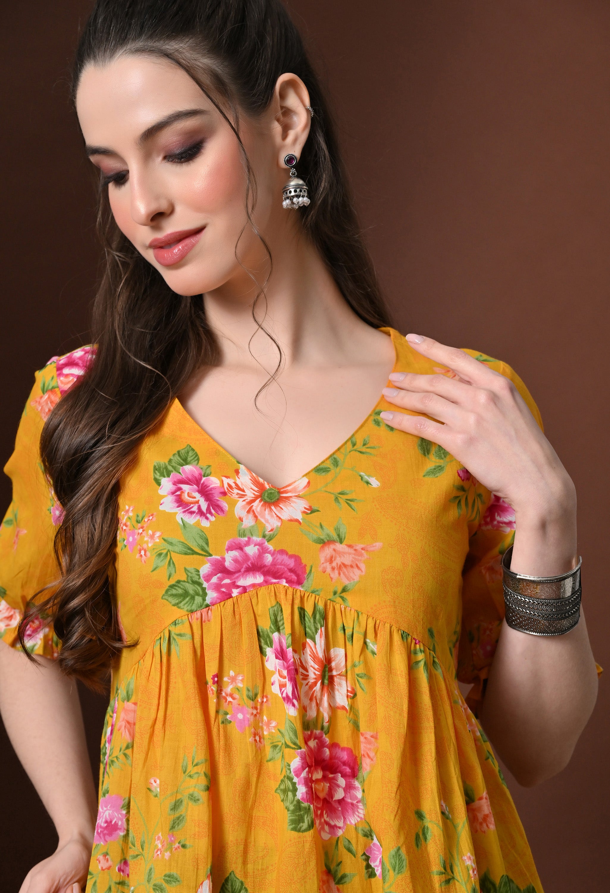 Mustard Floral Printed Tunic Top