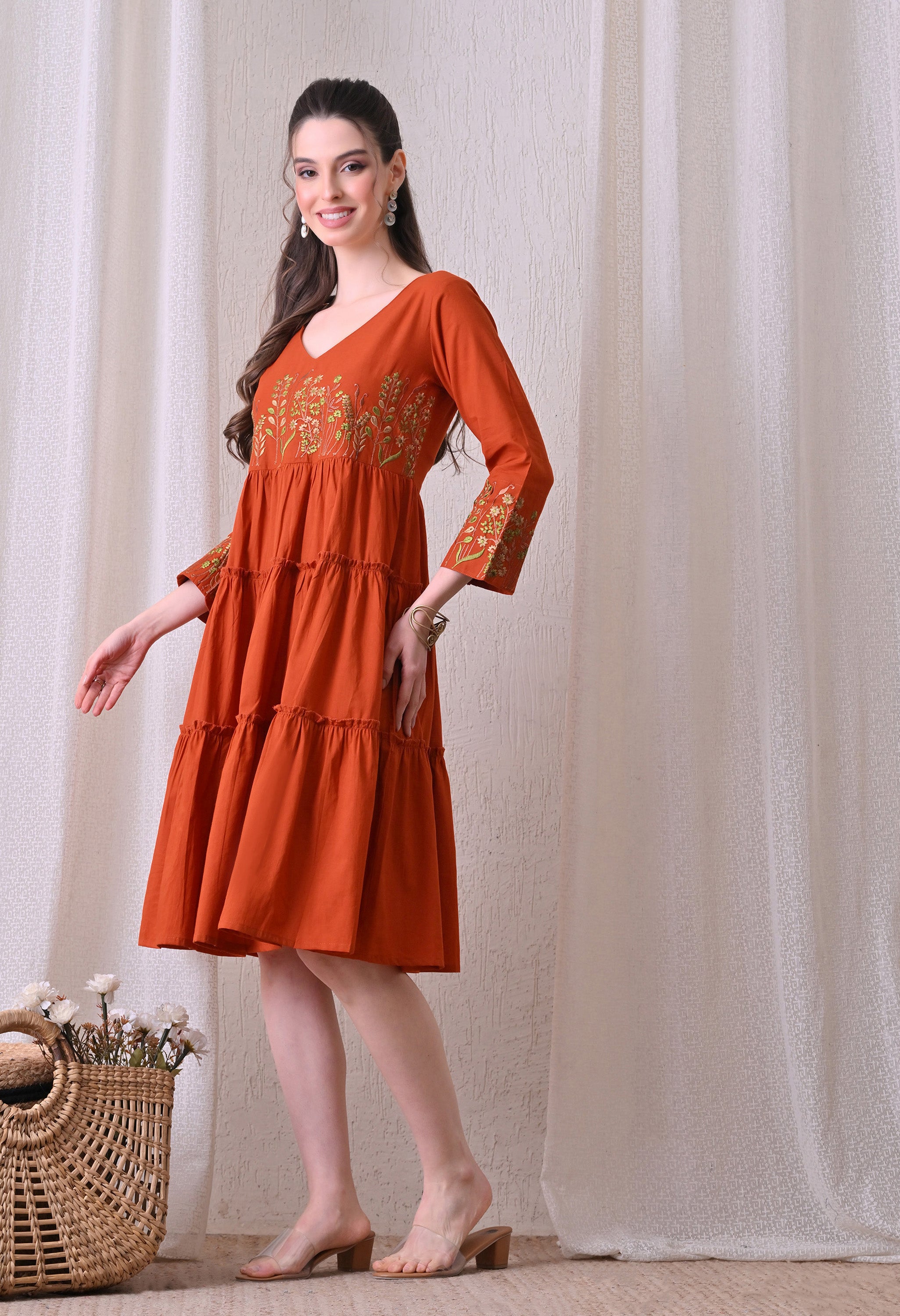 Embroidered Tiered Cotton Dress