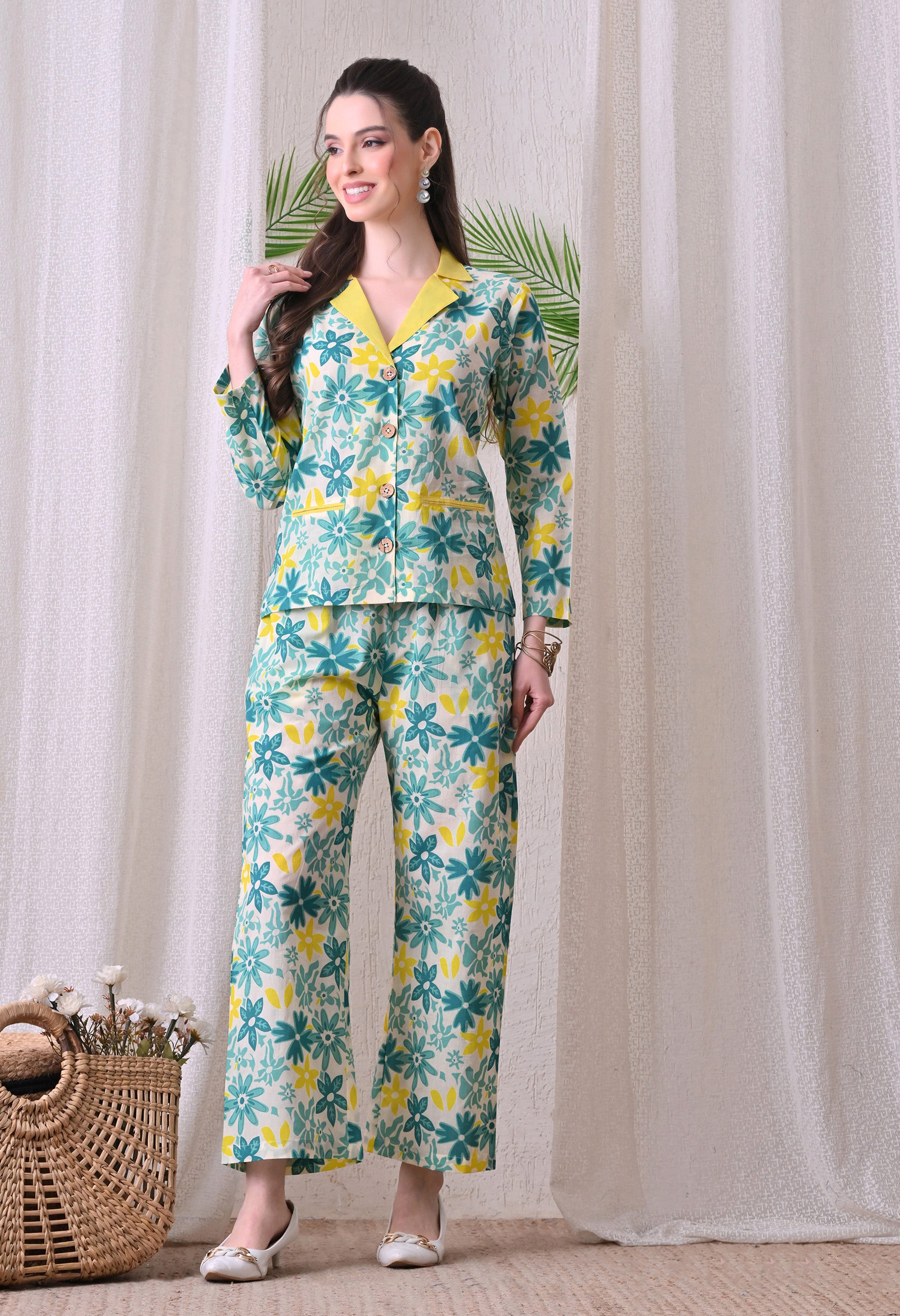 Floral Print Co-Ord Set with Notched Collar