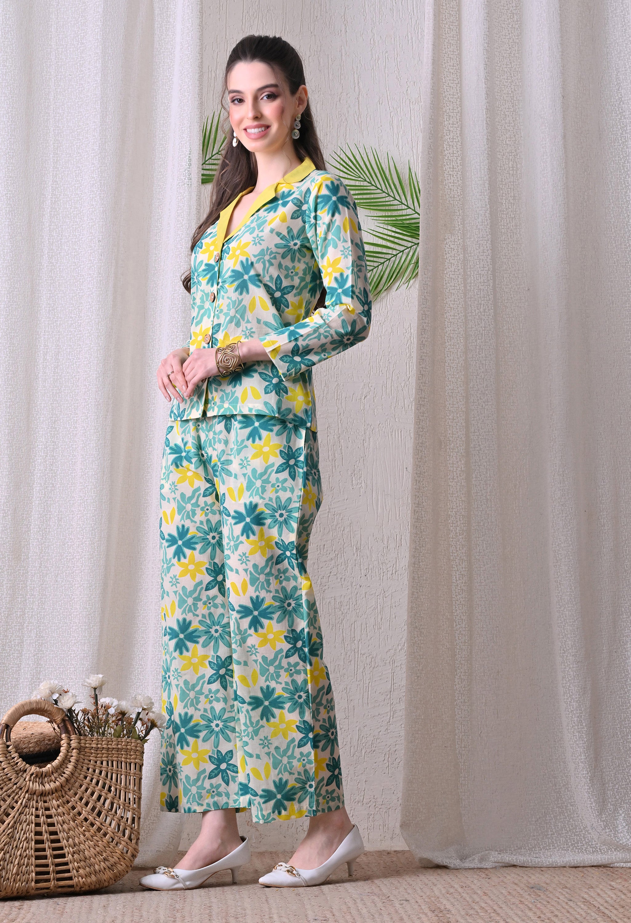 Floral Print Co-Ord Set with Notched Collar