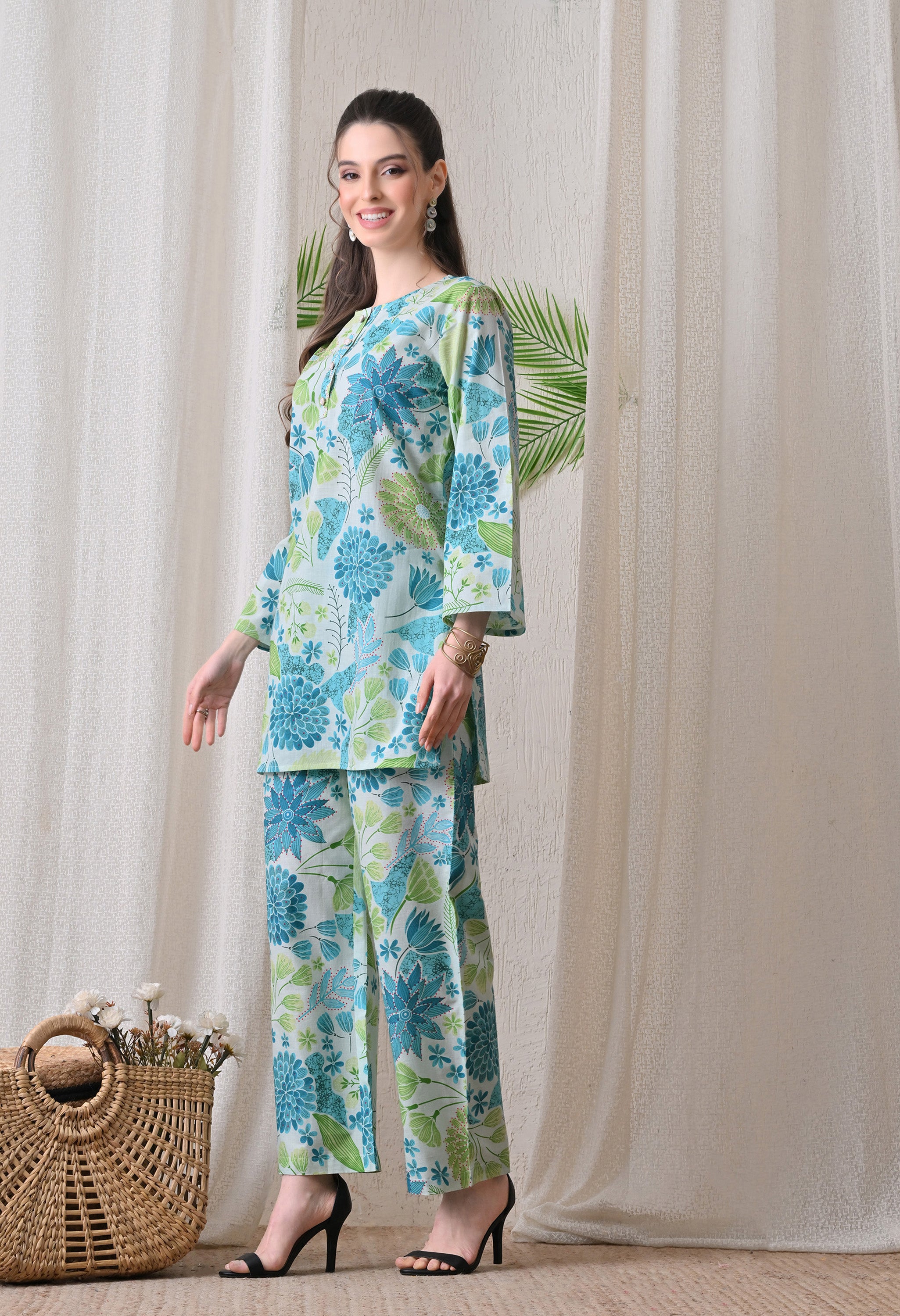 Blue & Green Floral Printed Co-Ord Set