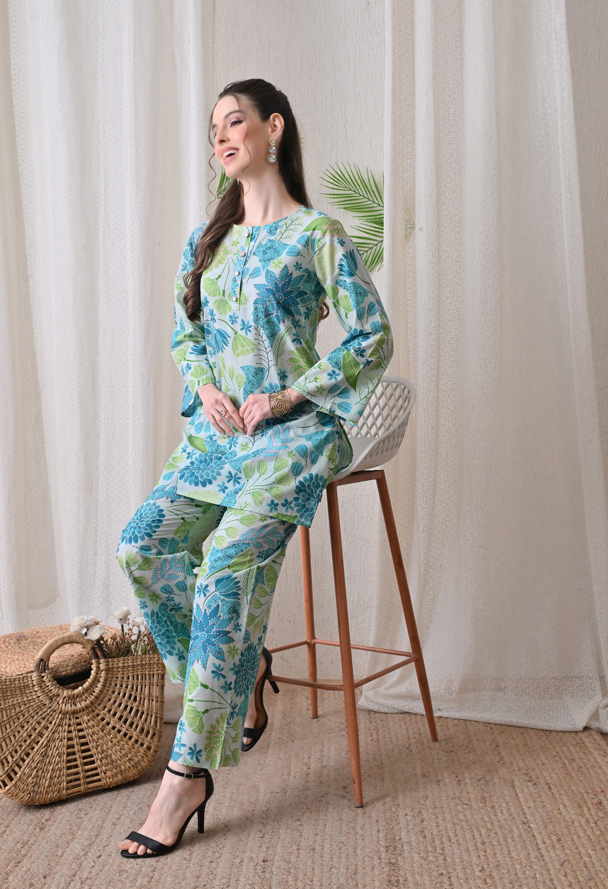 Blue & Green Floral Printed Co-Ord Set
