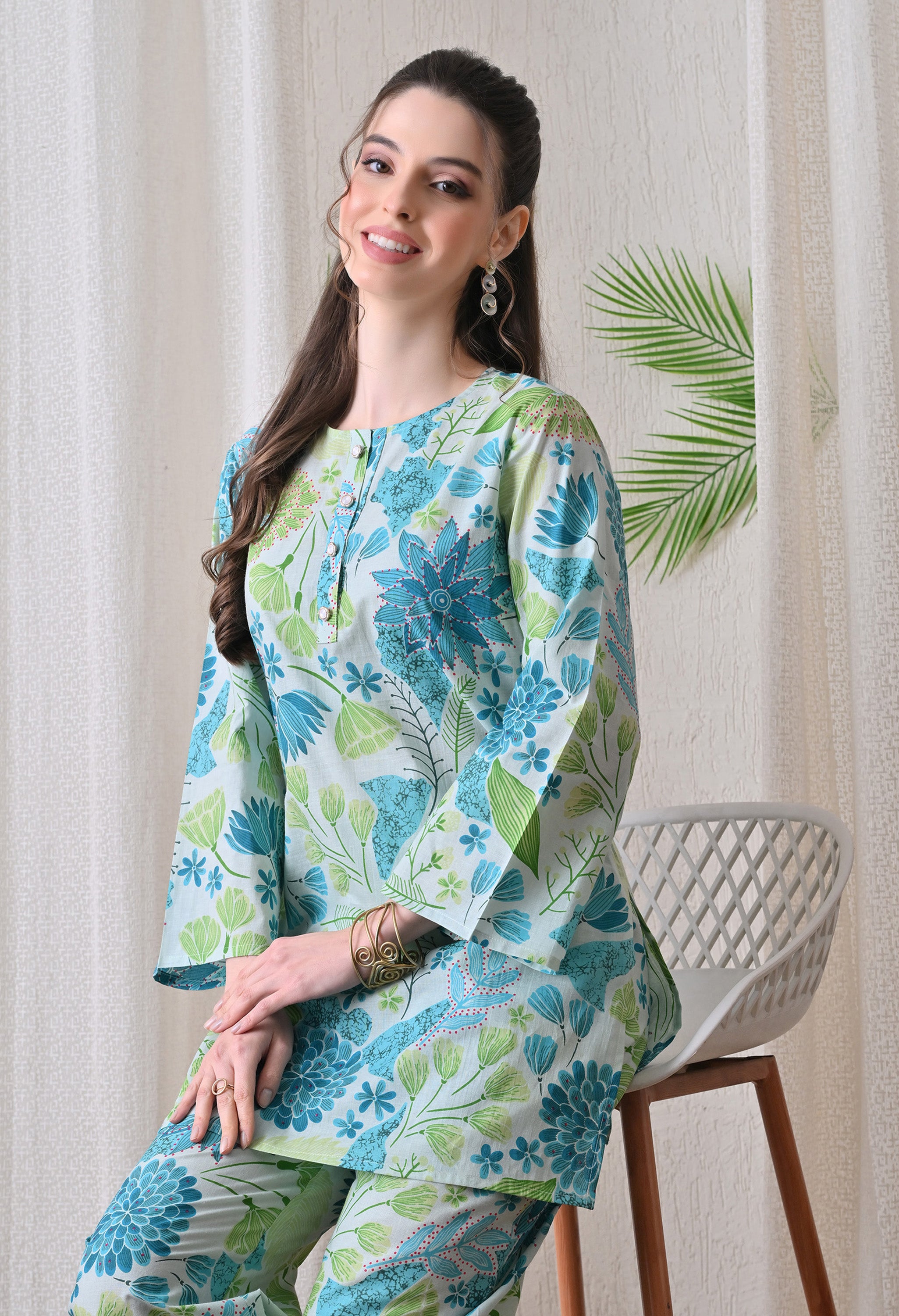 Blue & Green Floral Printed Co-Ord Set