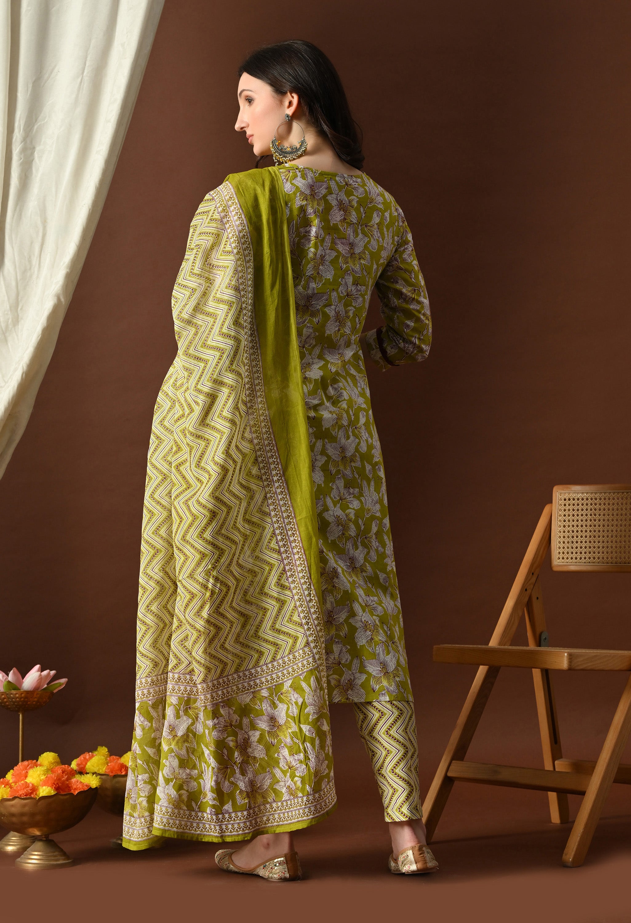 Lime Green & Maroon Floral Printed Suit Set