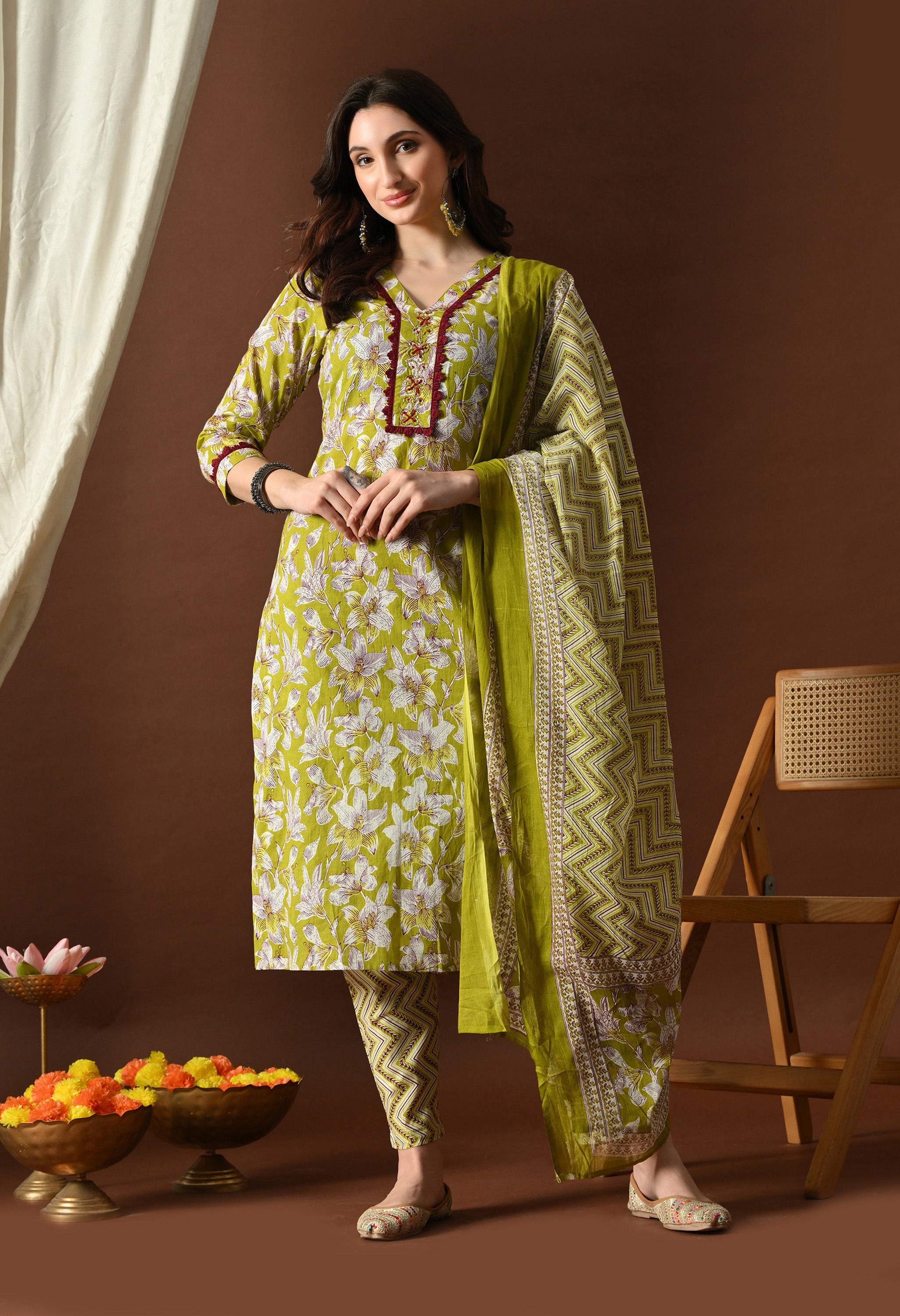 Lime Green & Maroon Floral Printed Suit Set