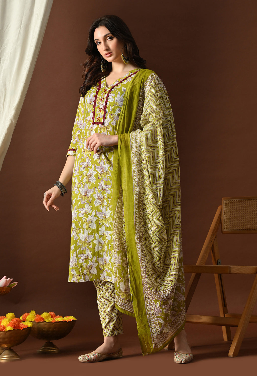 Lime Green & Maroon Floral Printed Suit Set