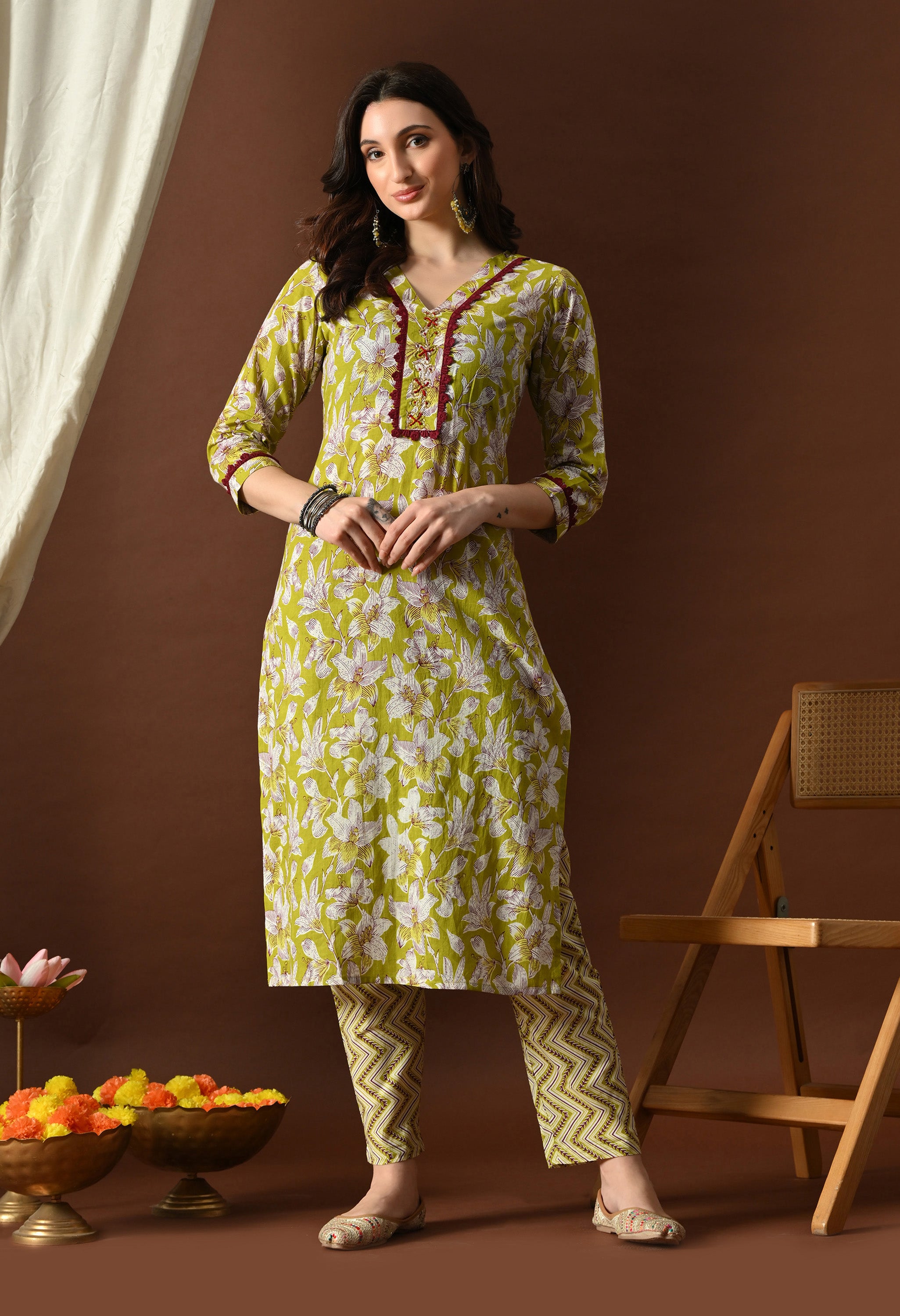 Lime Green & Maroon Floral Printed Suit Set