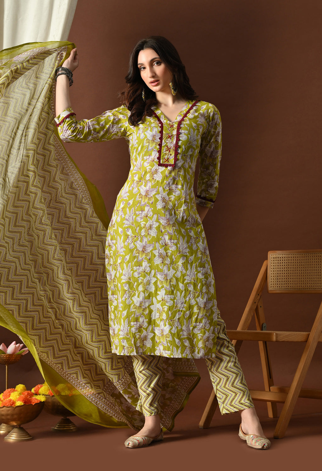 Lime Green & Maroon Floral Printed Suit Set