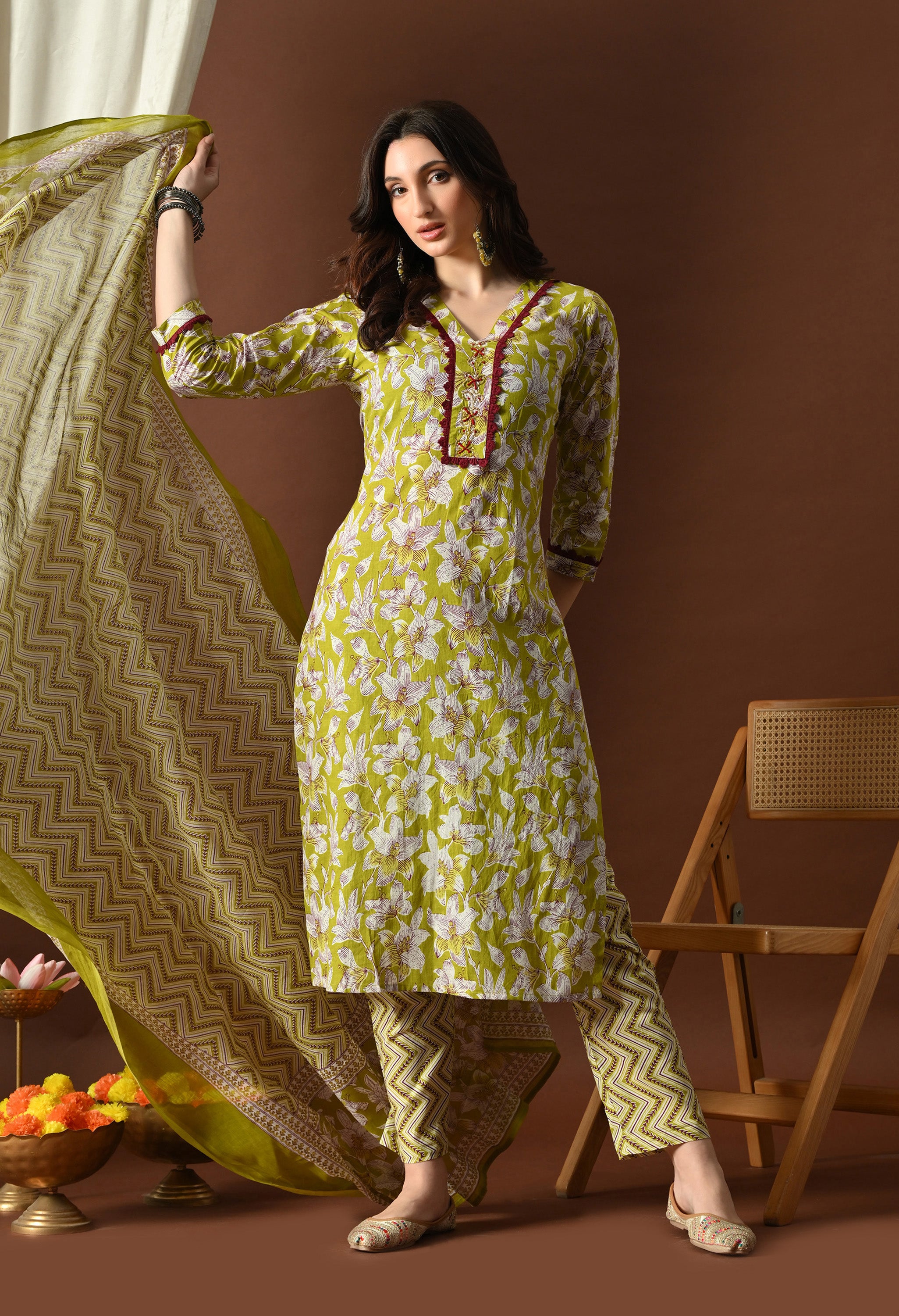 Lime Green & Maroon Floral Printed Suit Set