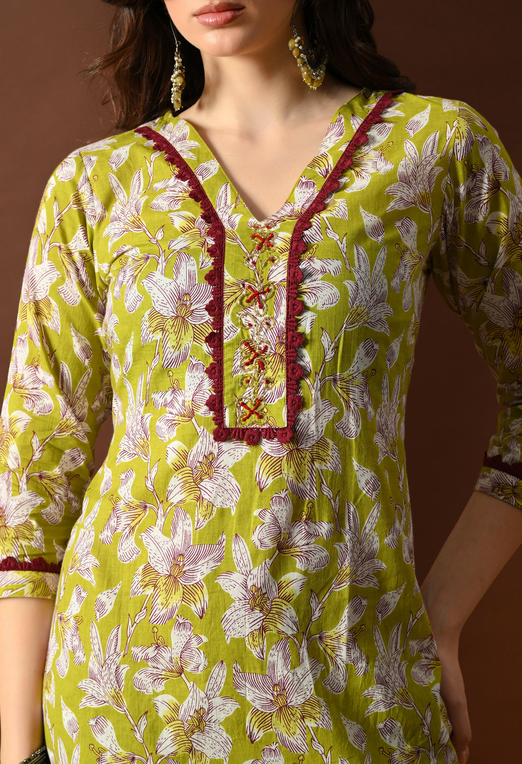 Lime Green & Maroon Floral Printed Suit Set