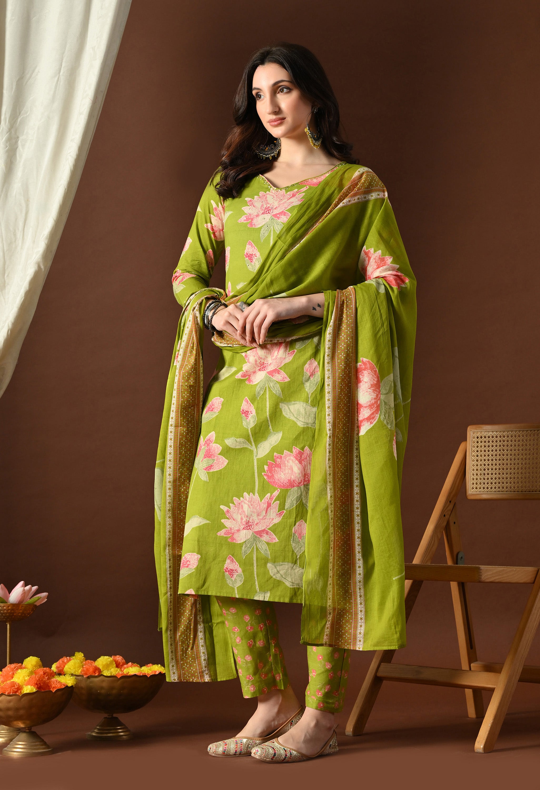 Olive Green Lotus Suit Set