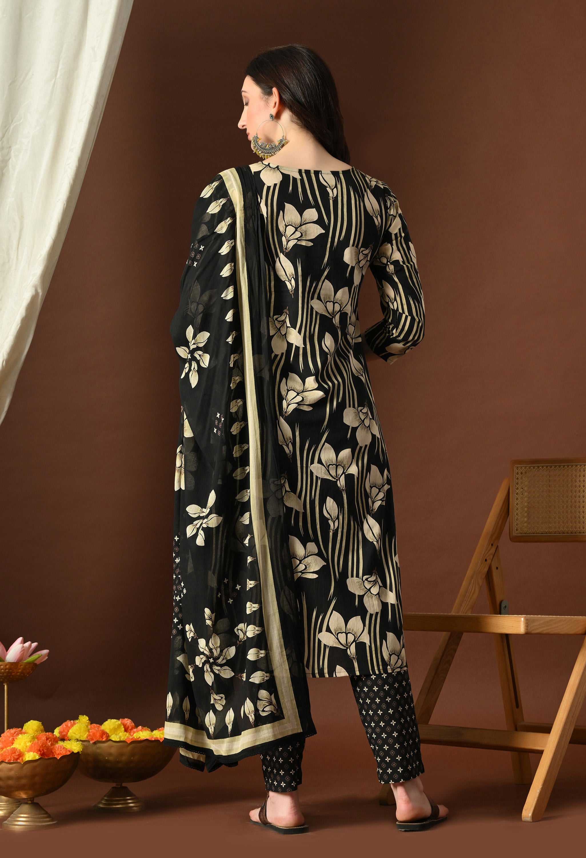 Black & Cream Floral Suit Set