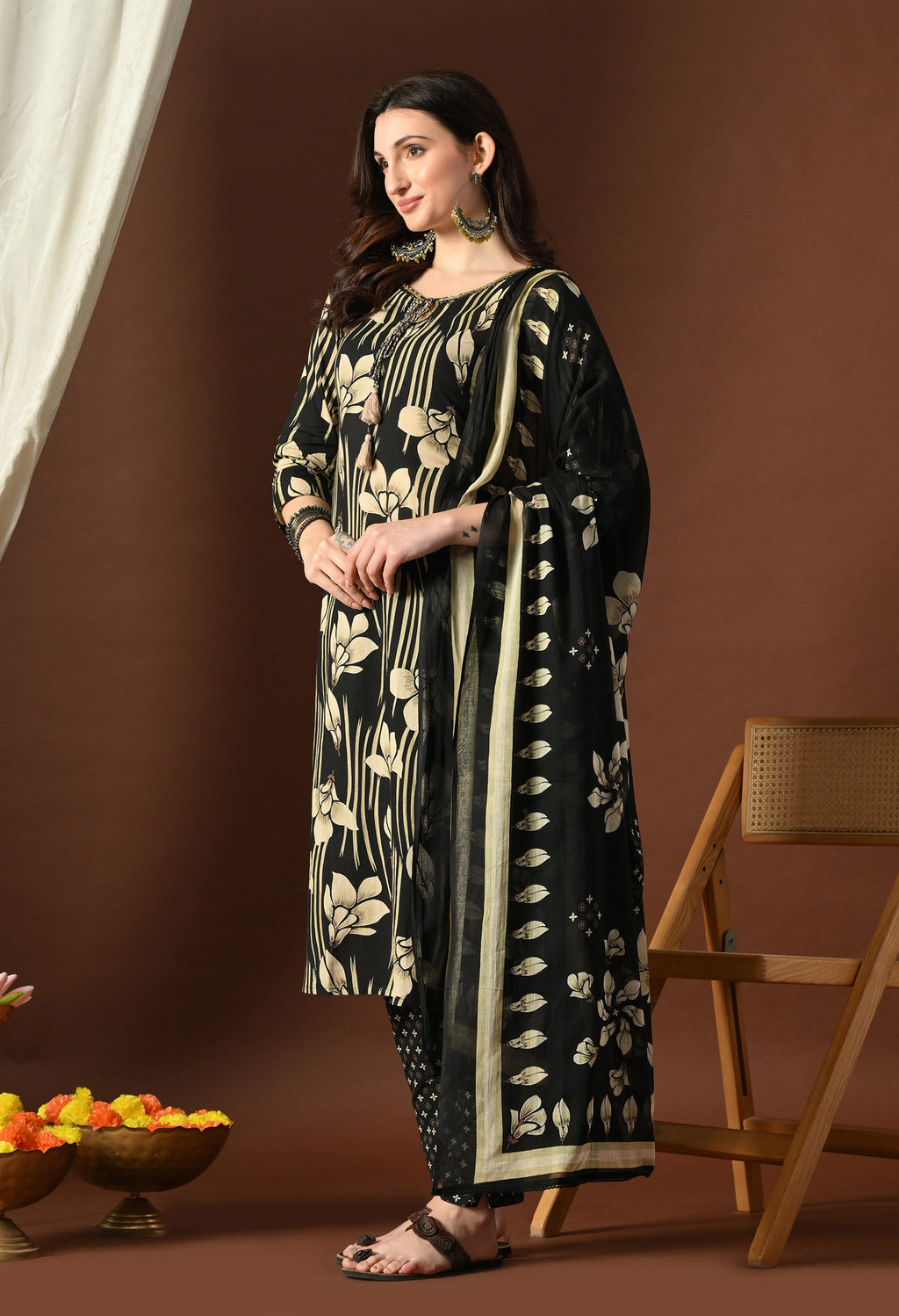 Black & Cream Floral Suit Set