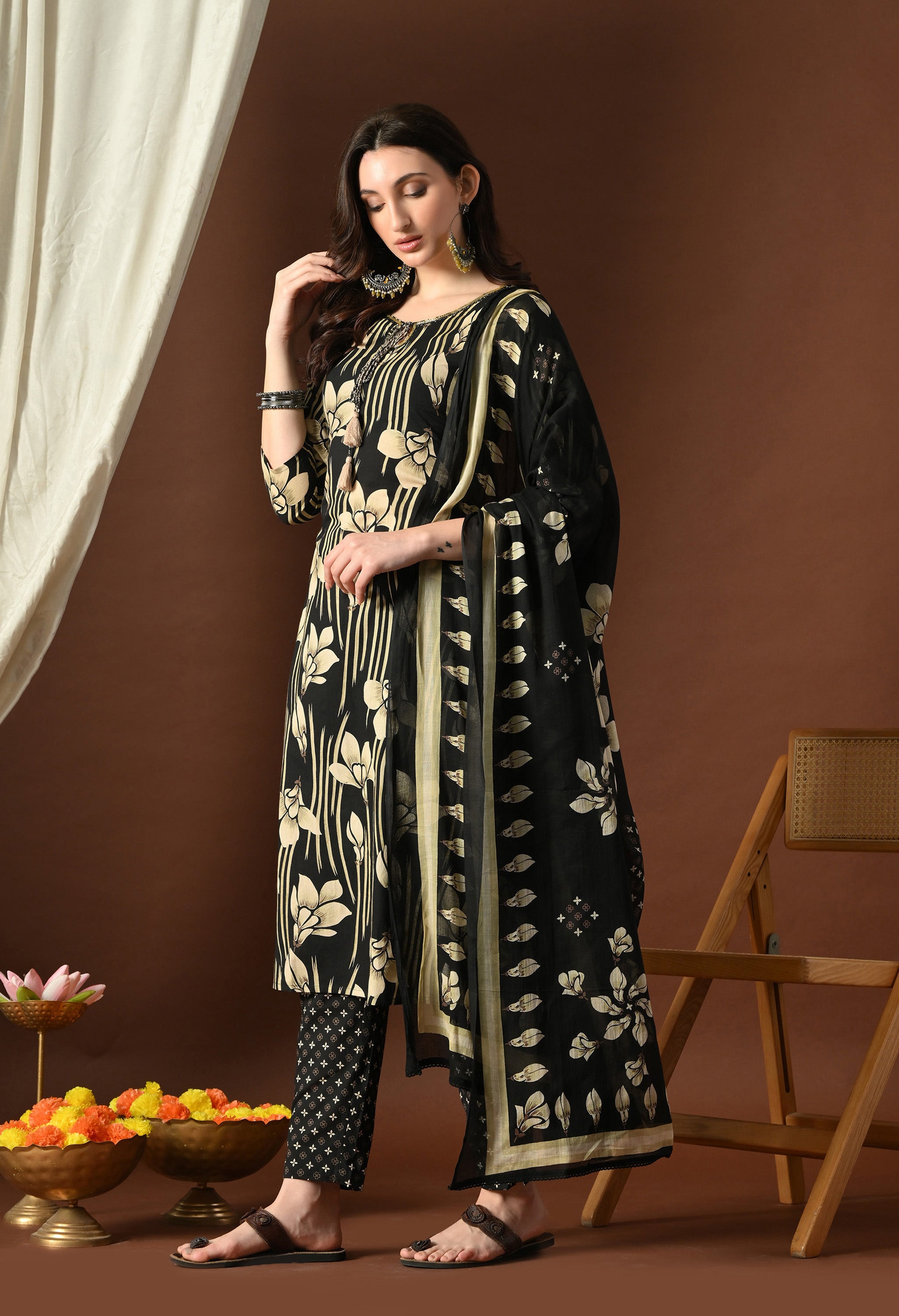 Black & Cream Floral Suit Set