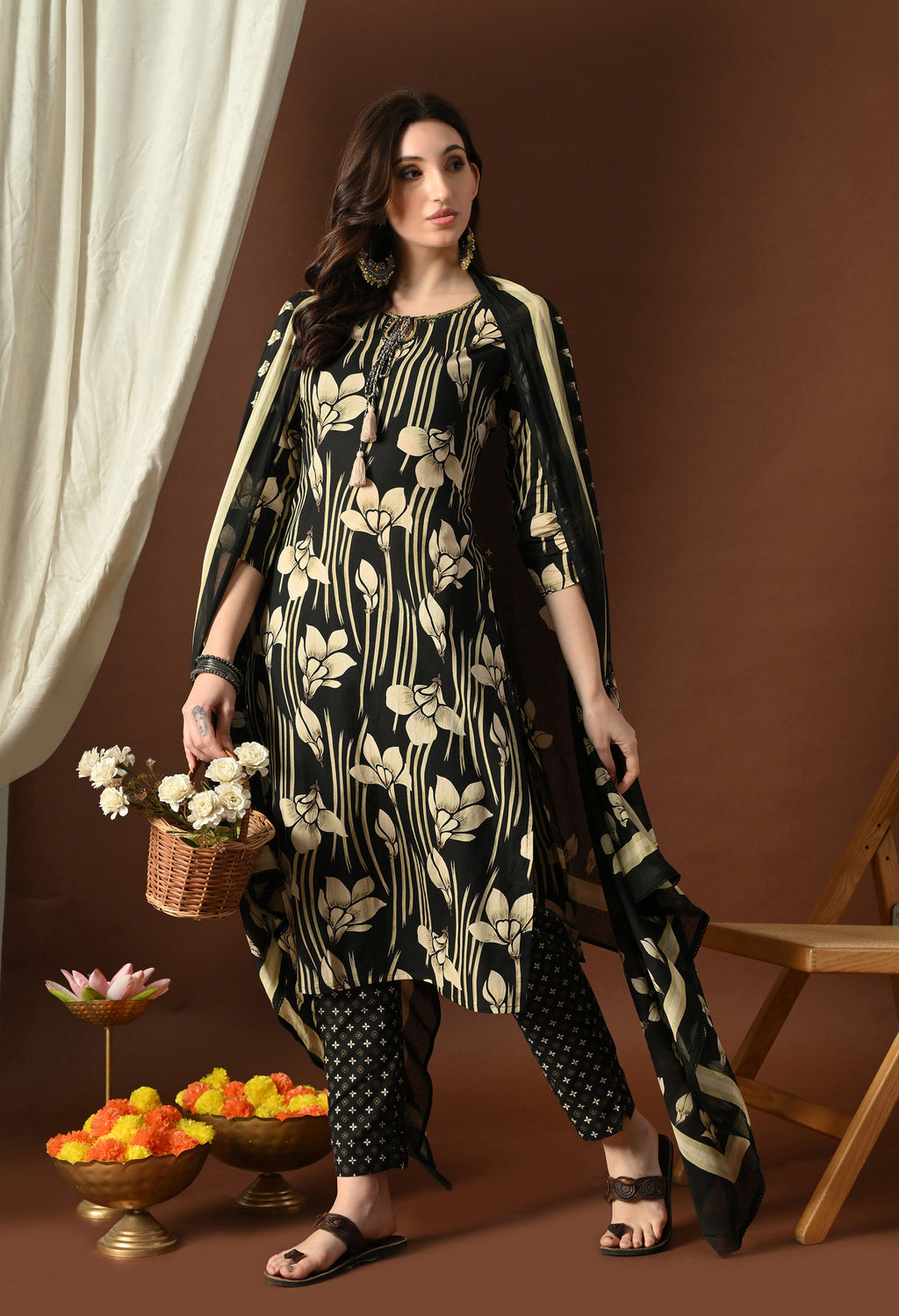 Black & Cream Floral Suit Set