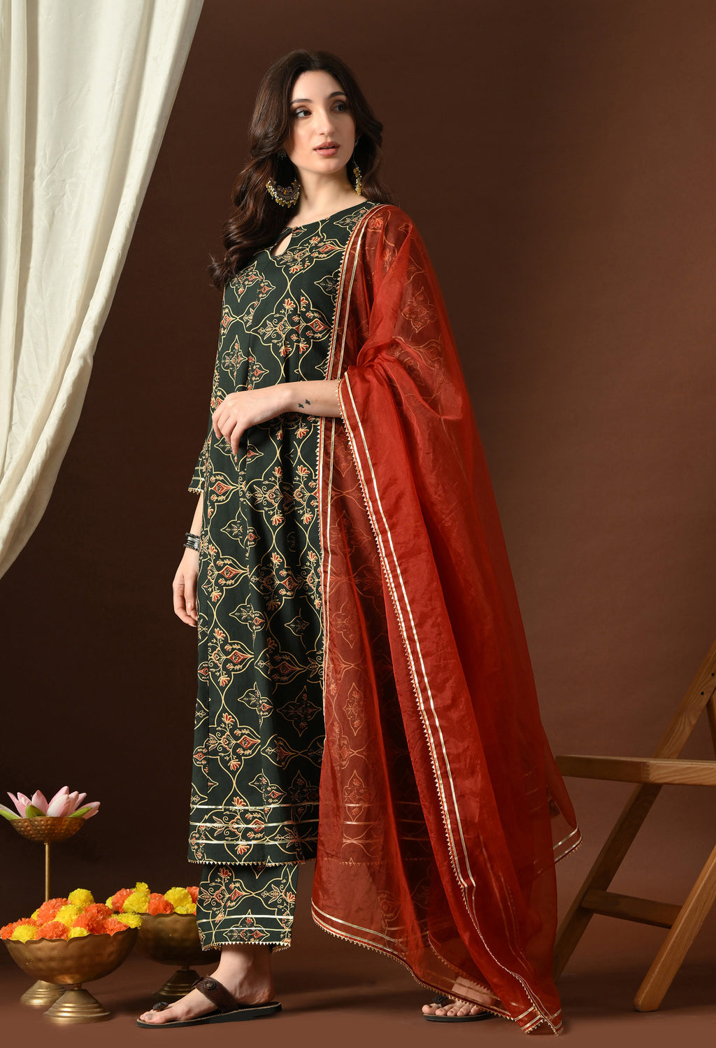 Forest Green Mandana Inspired Print Ethnic Set