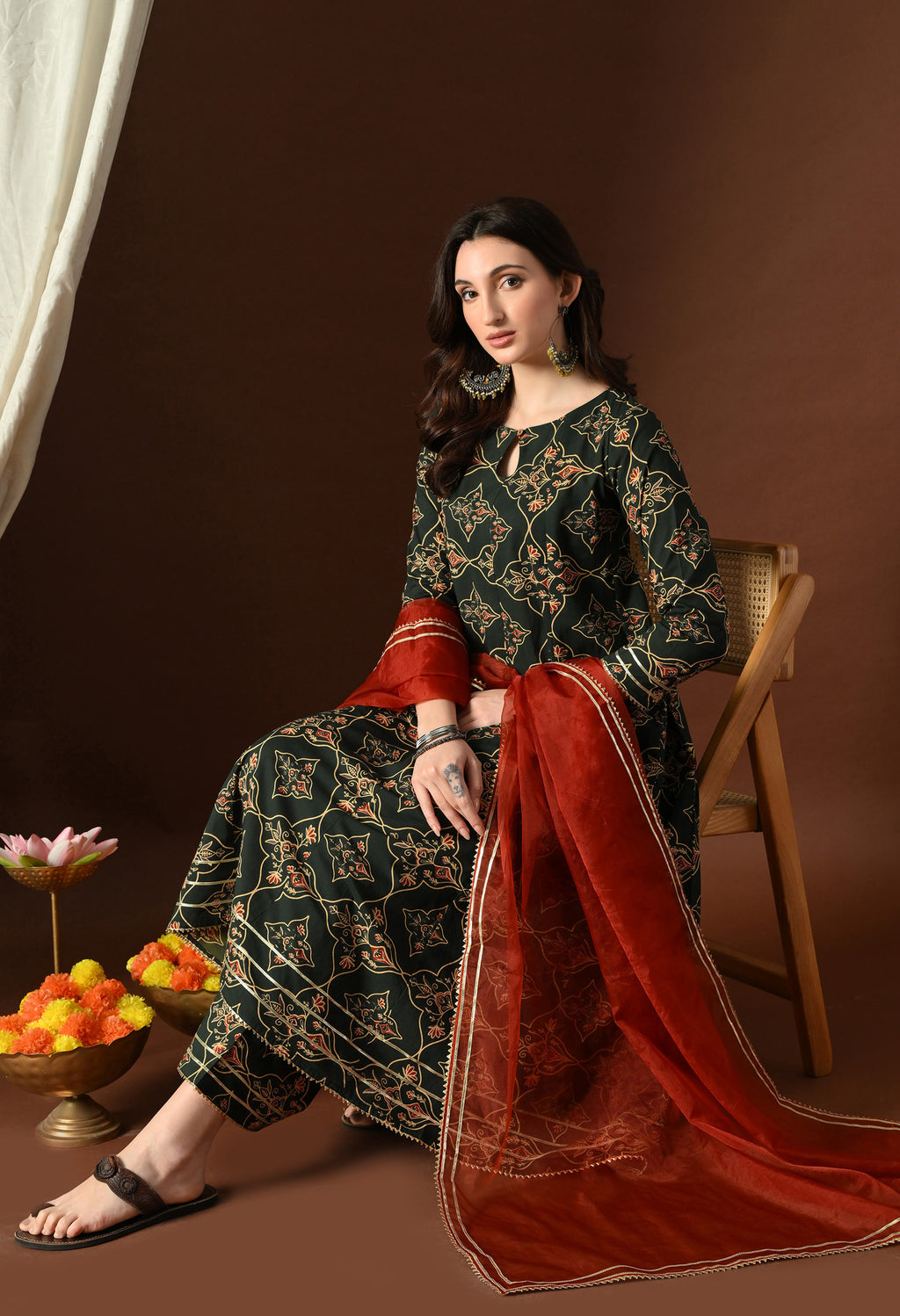 Forest Green Mandana Inspired Print Ethnic Set