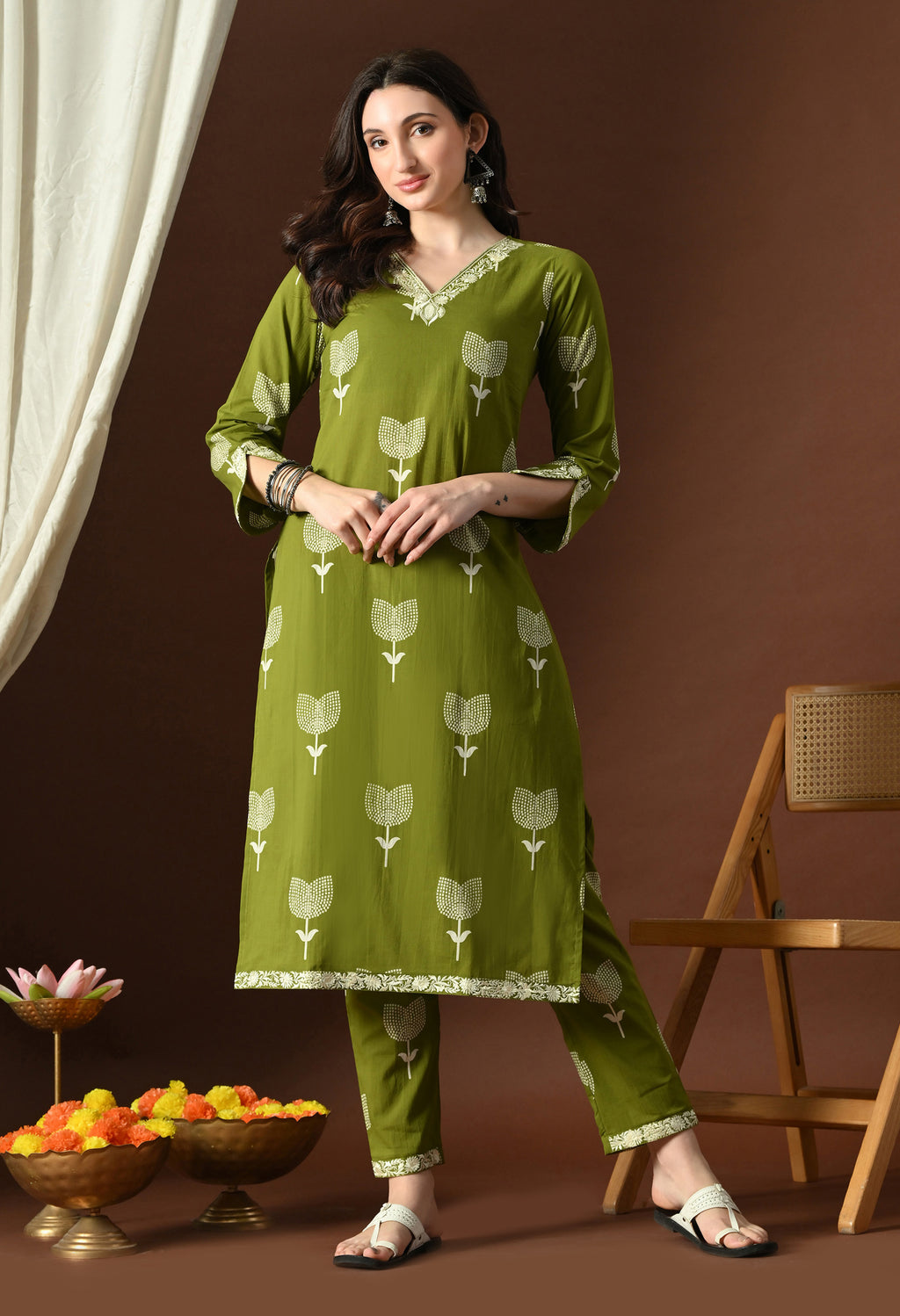 Elegant Olive Green Cotton Kurta Set