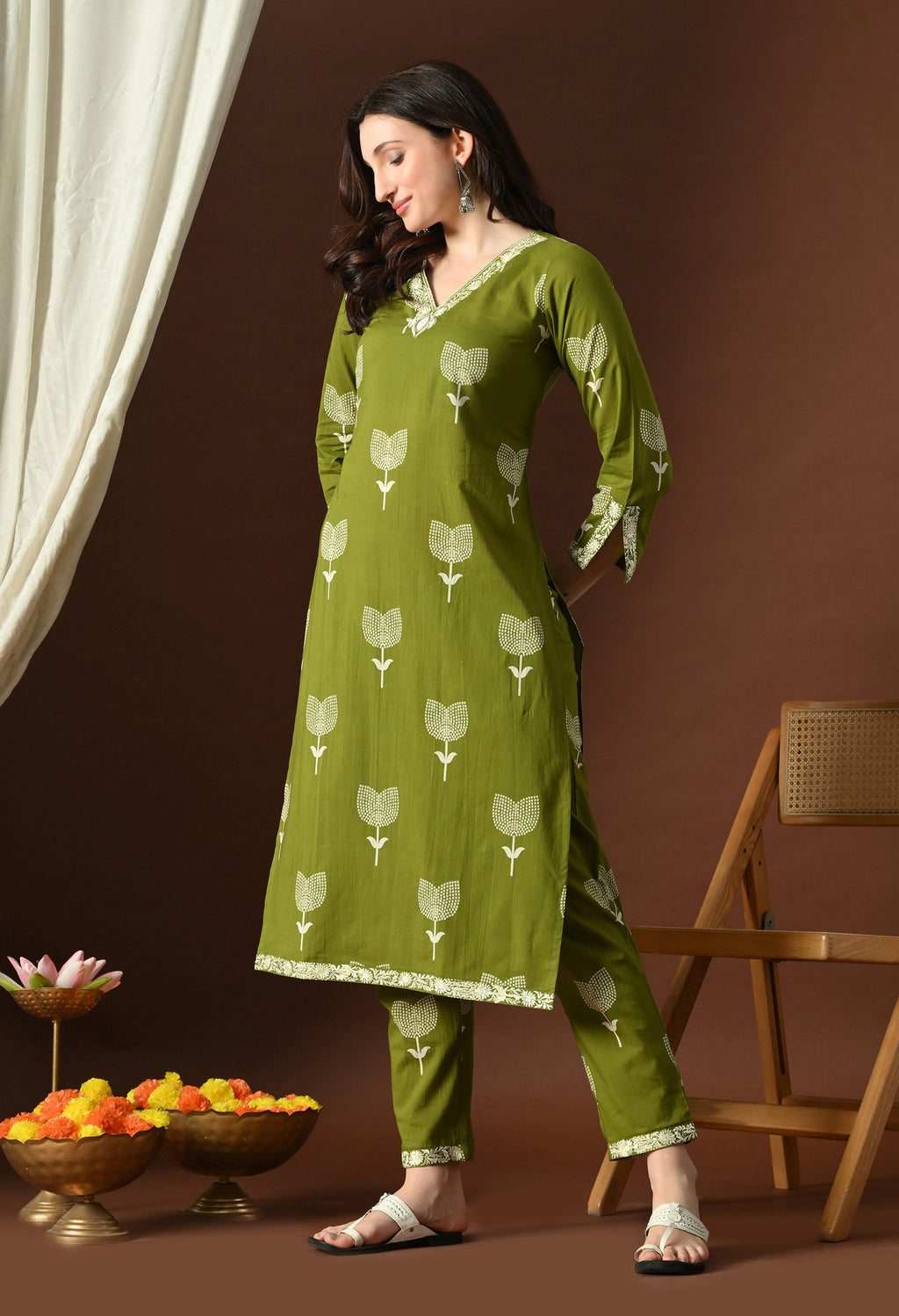 Elegant Olive Green Cotton Kurta Set