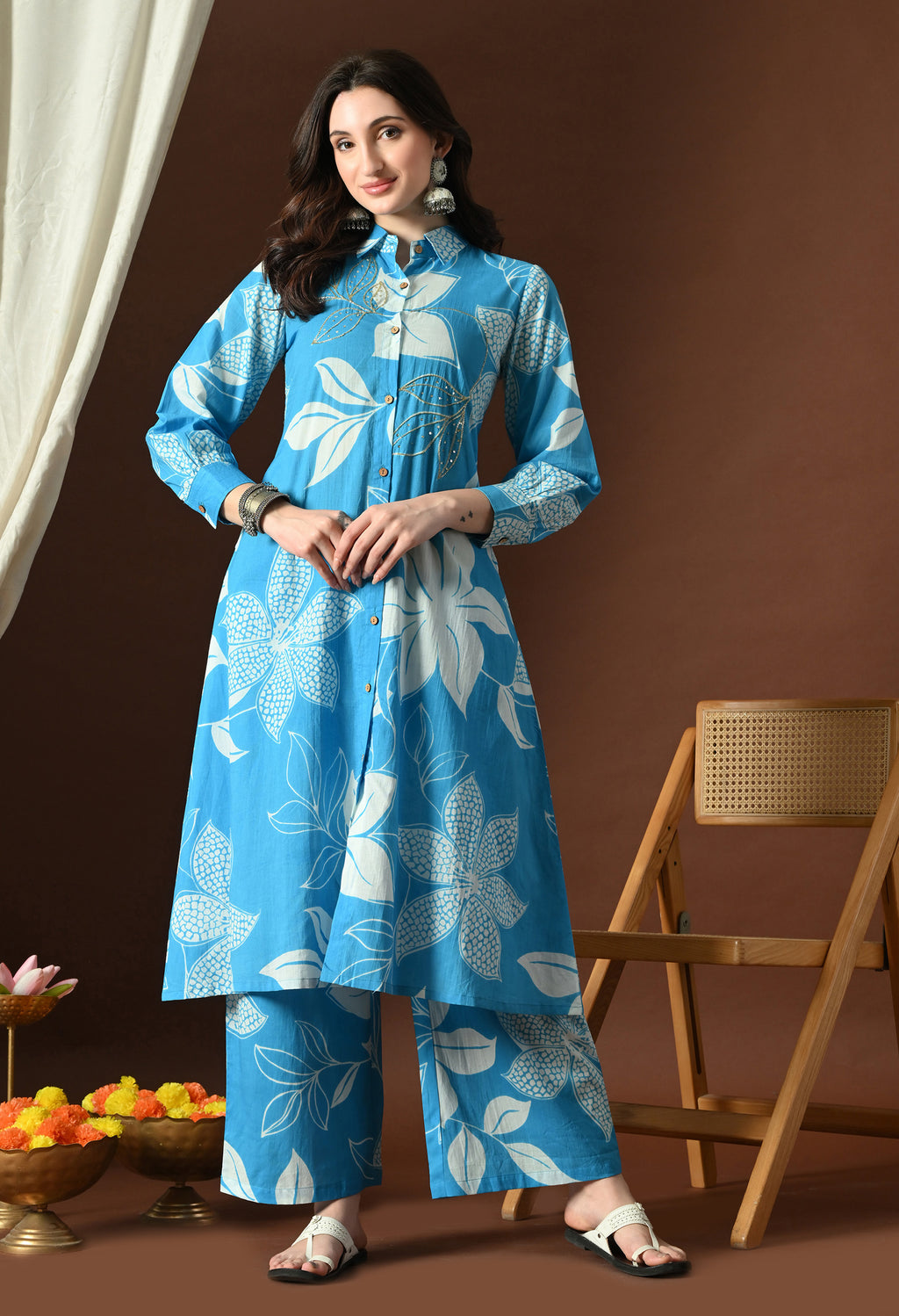Azure Blue Button-Down Kurta Set