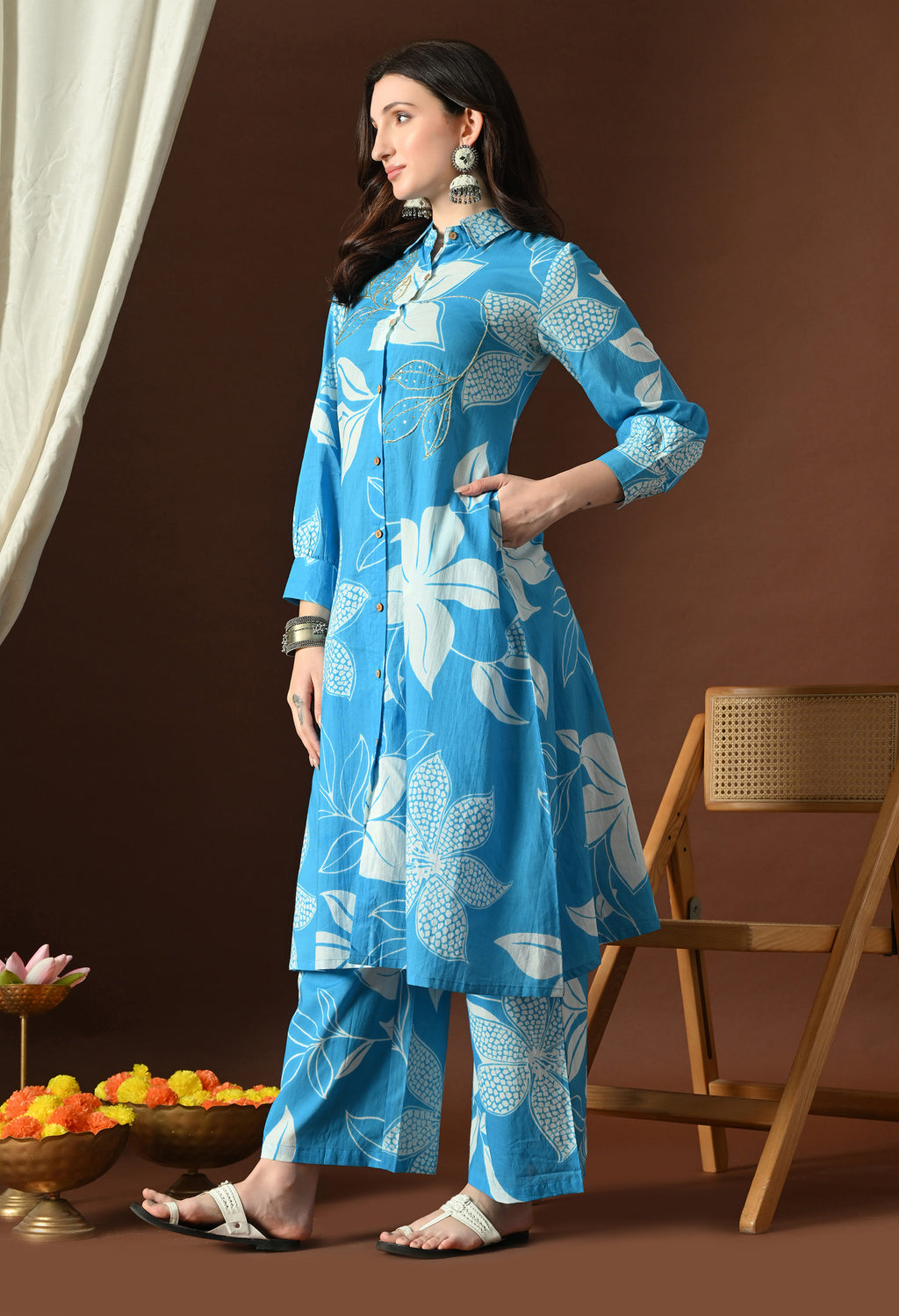 Azure Blue Button-Down Kurta Set