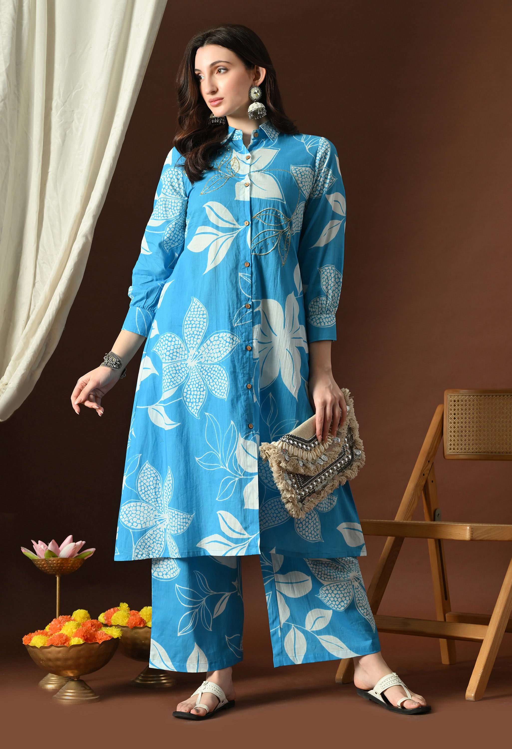 Azure Blue Button-Down Kurta Set