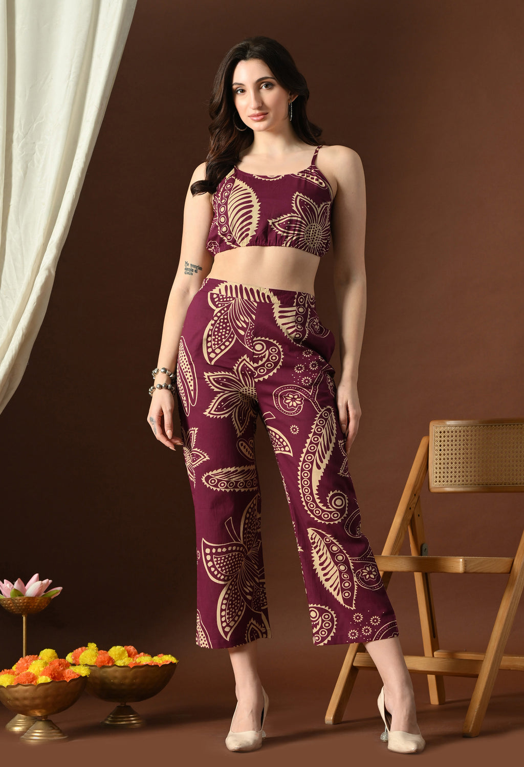 Plum Paisley Crop Top Set