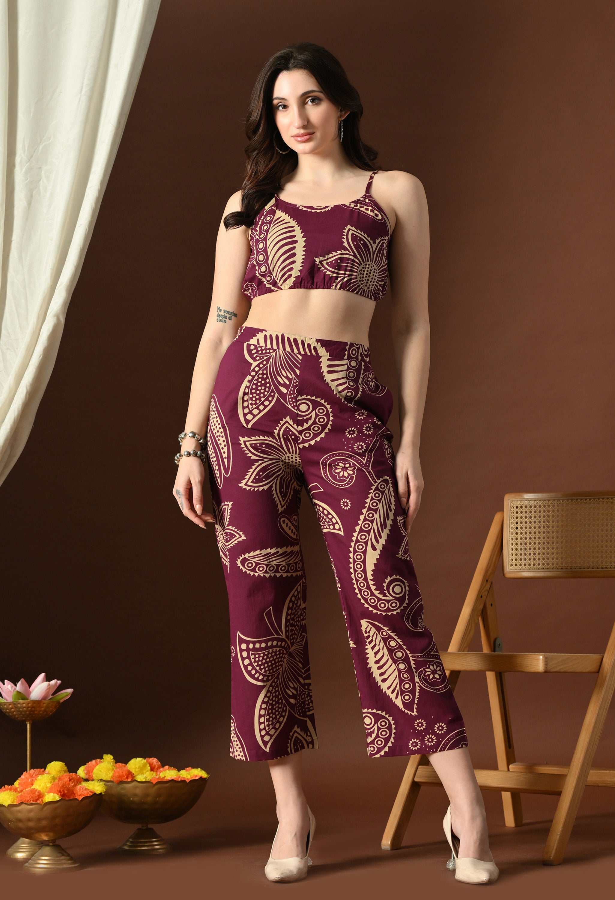 Plum Paisley Crop Top Set