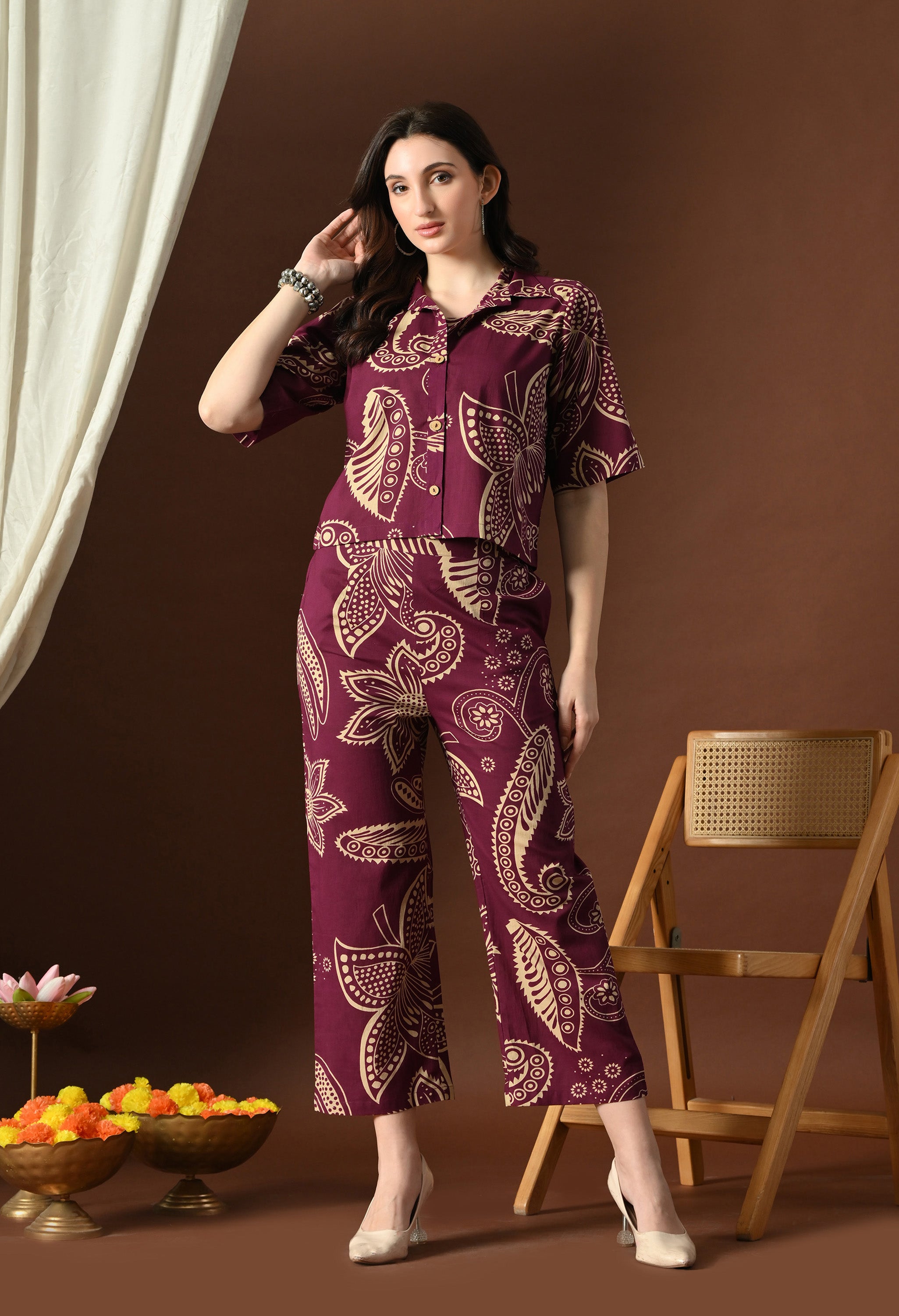 Plum Paisley Crop Top Set