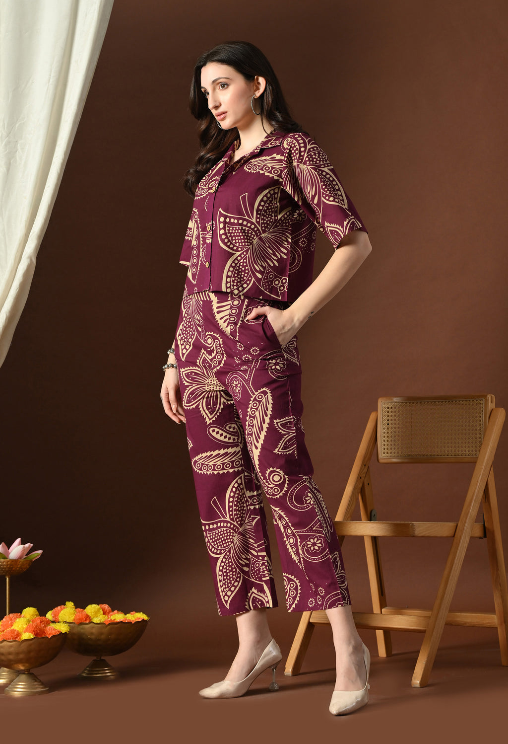 Plum Paisley Crop Top Set