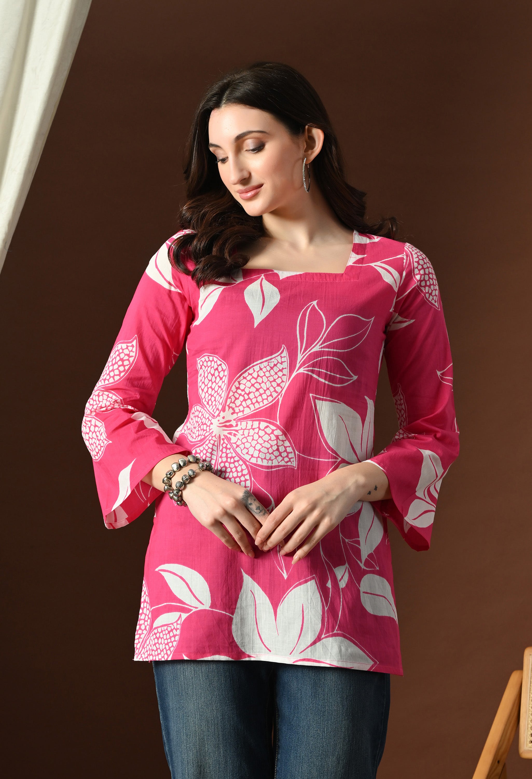 Chic Floral Print Rayon Short Kurti for Women