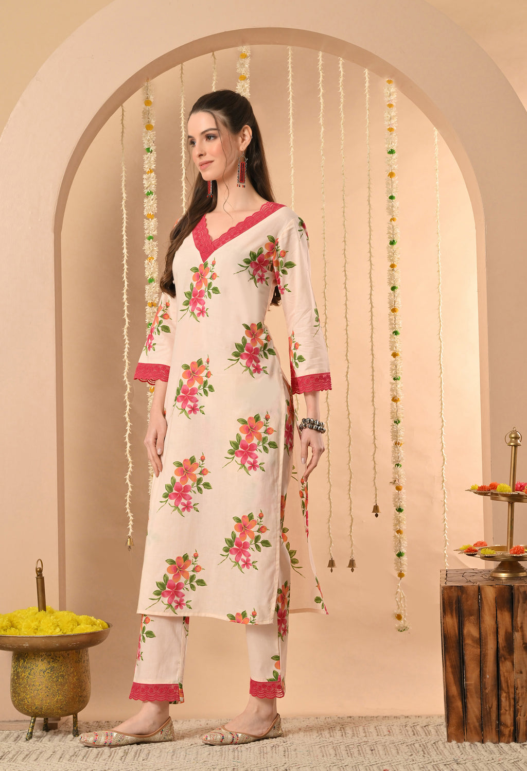 Peach Floral Printed Kurta Set