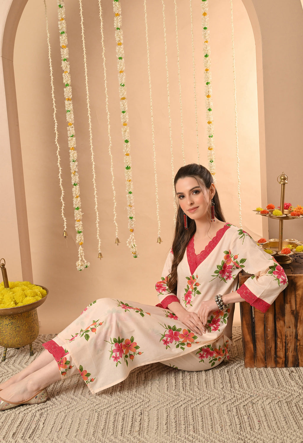Peach Floral Printed Kurta Set