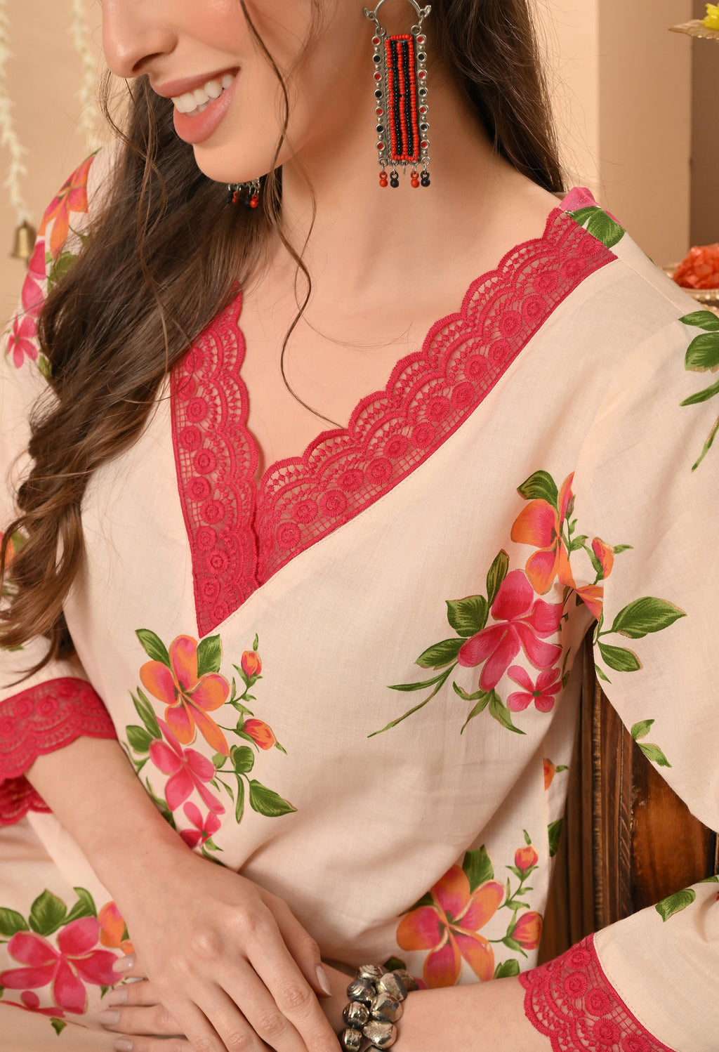 Peach Floral Printed Kurta Set