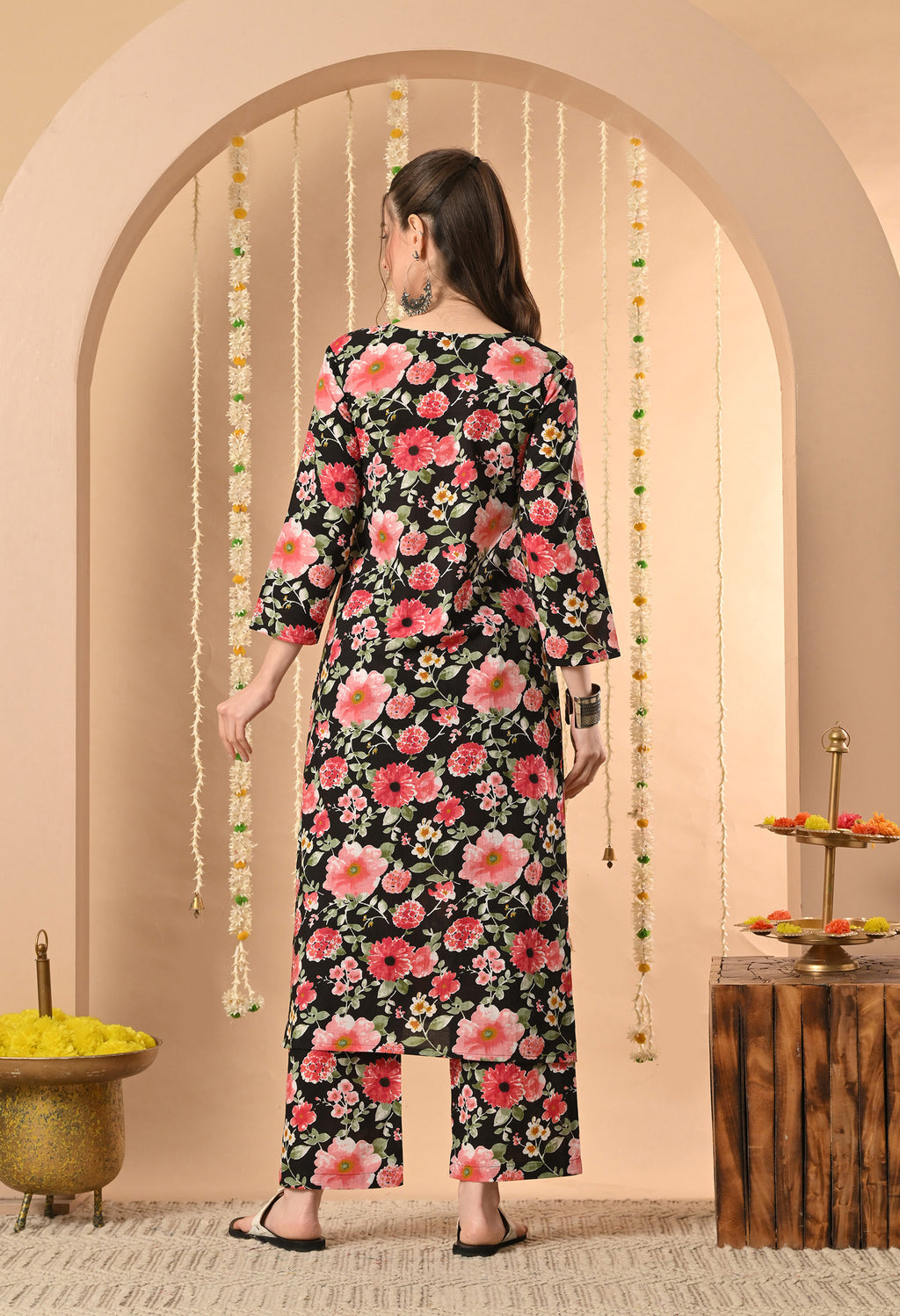 Black Multi-Floral Kurta Set