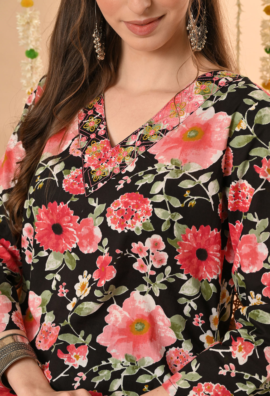 Black Multi-Floral Kurta Set