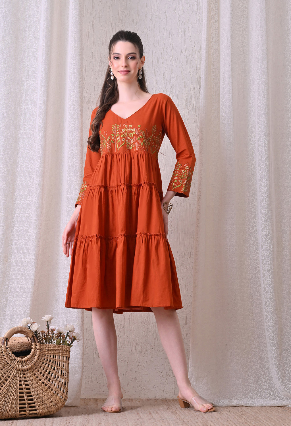 Embroidered Tiered Cotton Dress