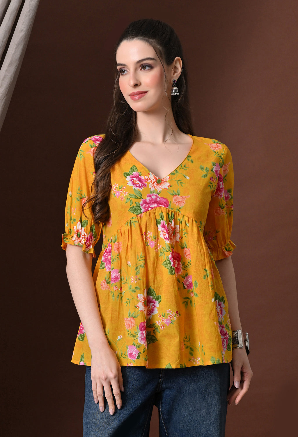Mustard Floral Printed Tunic Top
